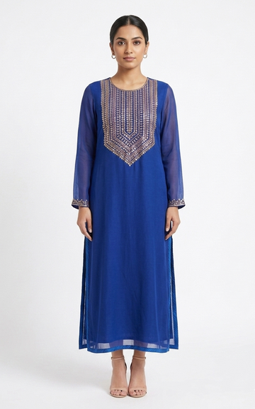 Royal Blue Long-Sleeve Chiffon Kurta with Embroidered Cuffs and Keyhole Back