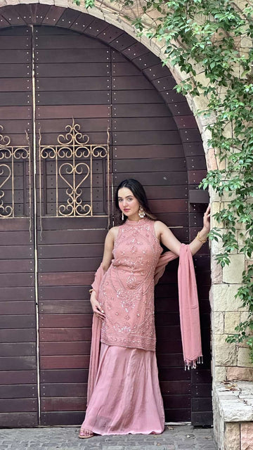 Blush Pink Embellished High-Neck Tunic & Draped Dhoti Set