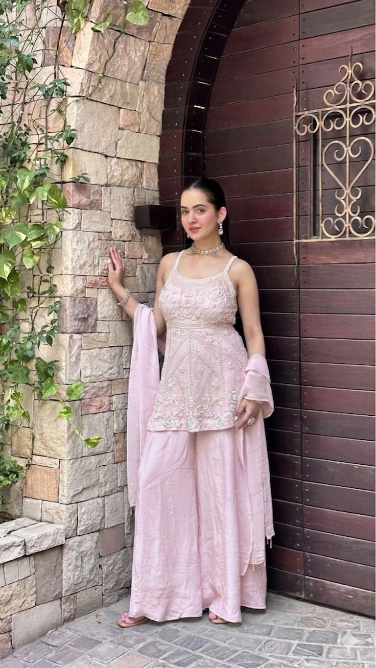 Charming Baby Pink Heavily Embellished Sharara Set