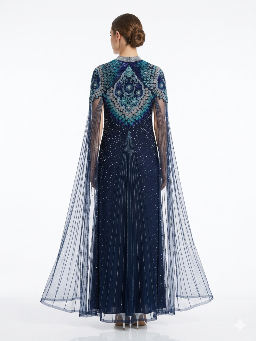 Midnight Blue Georgette Floor-Length Gown with Crystal-Embellished Peacock Cape