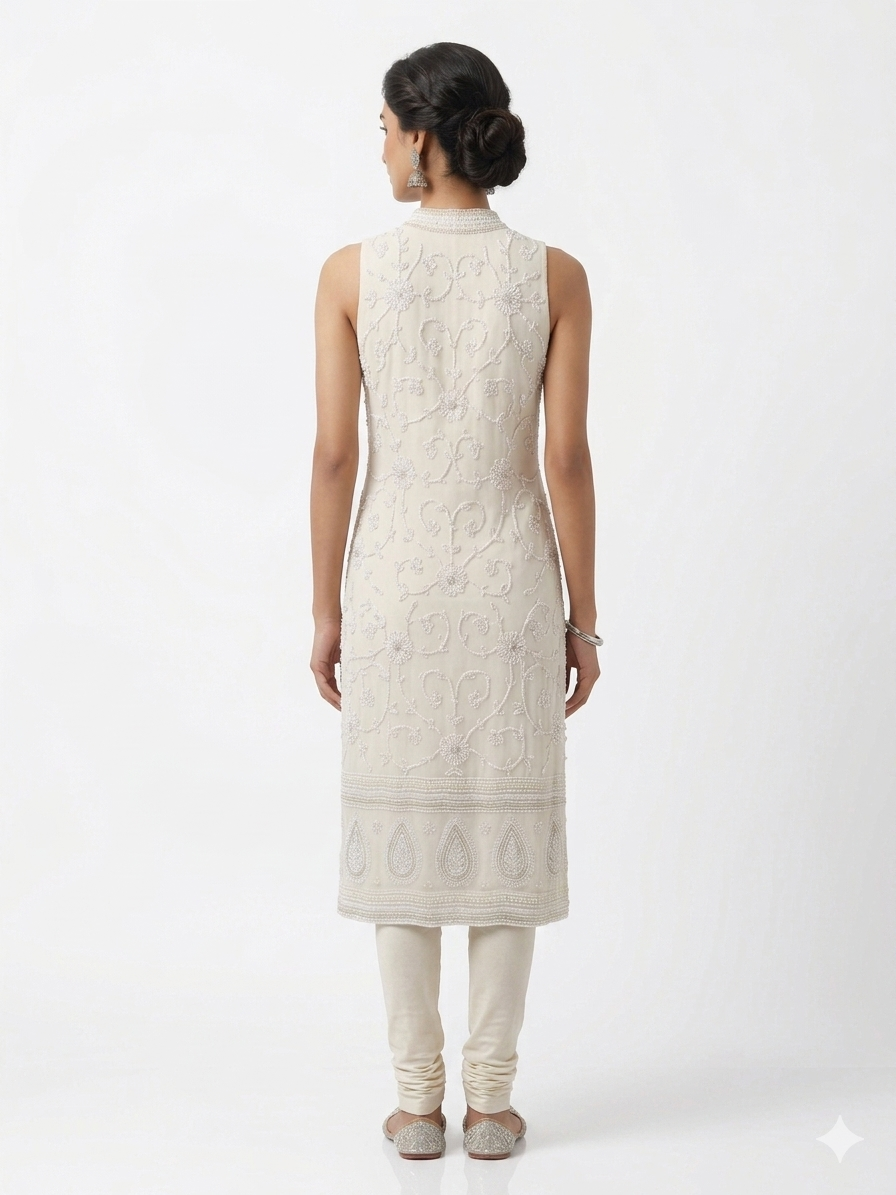 Ivory Floral Embellished Sleeveless Kurta & Churidar Set