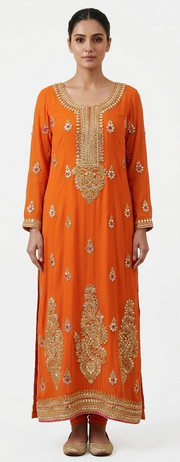 Zari & Gota Patti Embroidered Georgette Straight Kurta Set in Vibrant Amber Orange