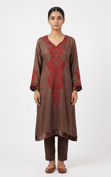 Earth-Toned Mocha Straight Kurta Set with Crimson Kashmiri Paisley Embroidery and Velvet Trim