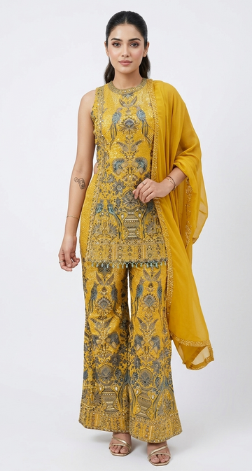 Canary Yellow Embroidered Sharara Set with Dupatta