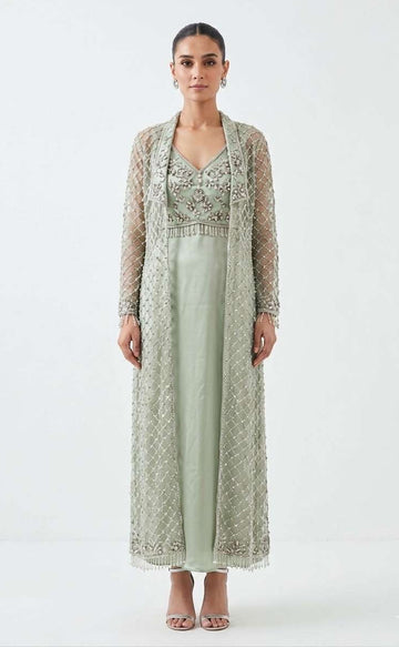Pale Pistachio Sheer Lattice Overcoat & Beaded Bustier Inner Set