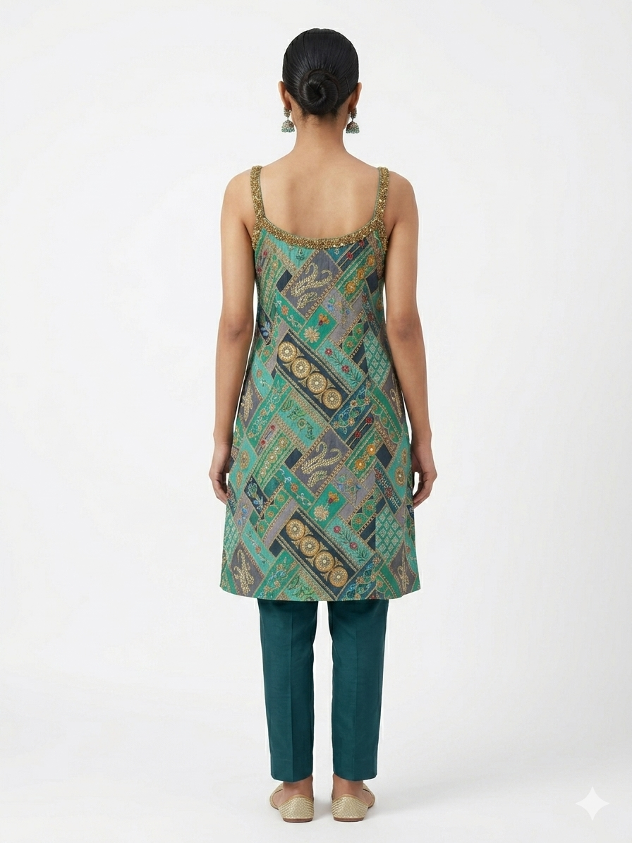Teal and Green Patchwork Print Embroidered Kurta Set