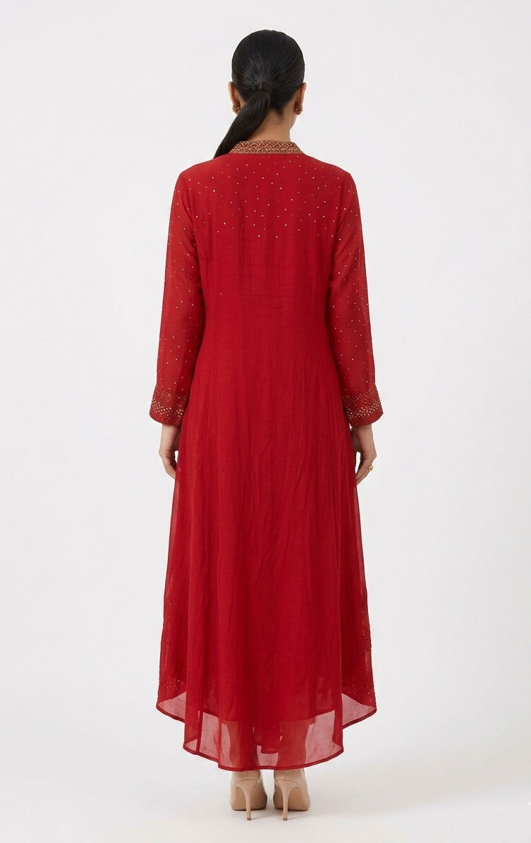 Crimson Red Georgette Asymmetrical Tunic with Gold Embellishments