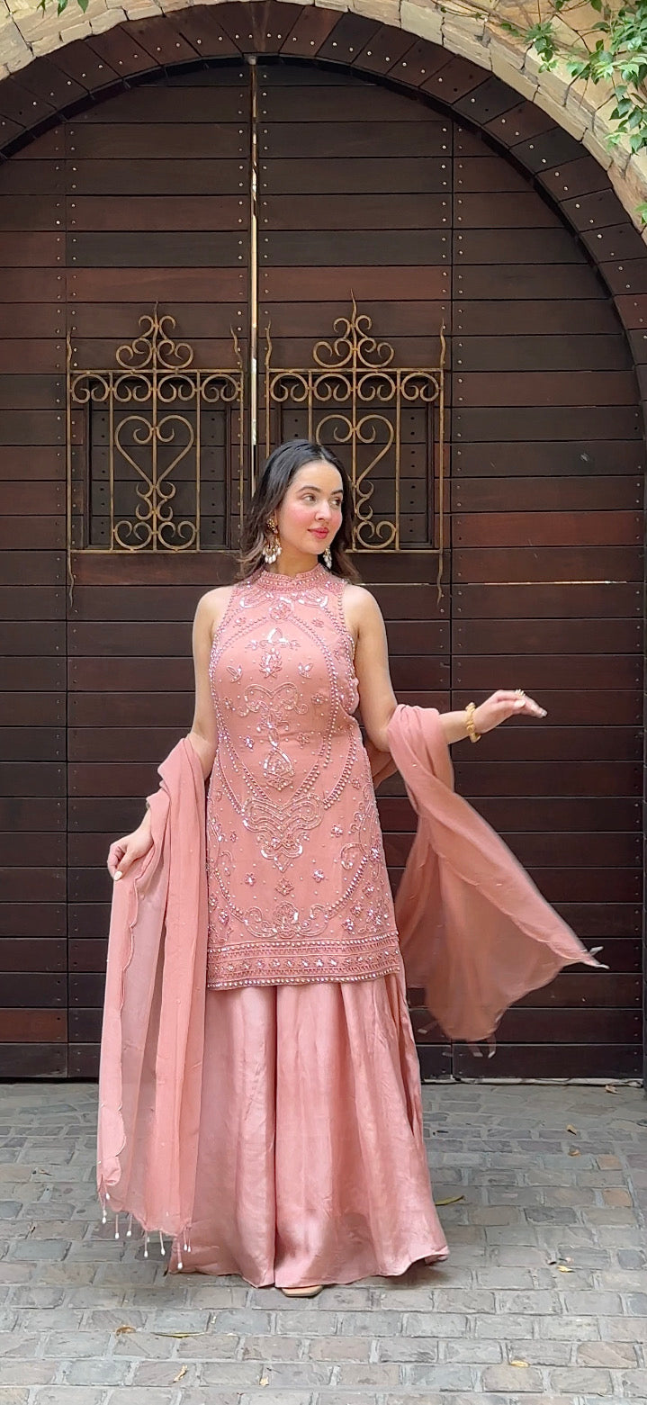 Blush Pink Embellished High-Neck Tunic & Draped Dhoti Set