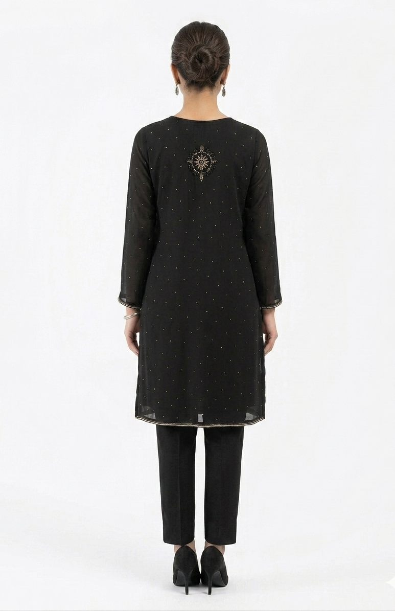 Embroidered Chiffon Kurta Set in Classic Black