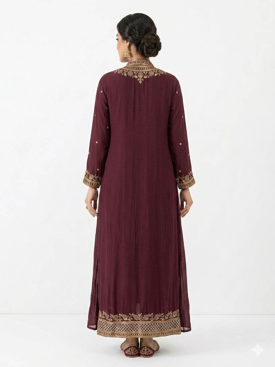 Royal Burgundy Embellished Open-Front Longline Jacket Set