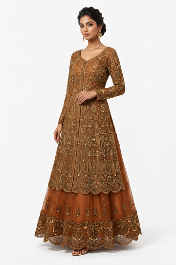 Imperial Rust Heavily Embellished Anarkali Jacket Lehenga