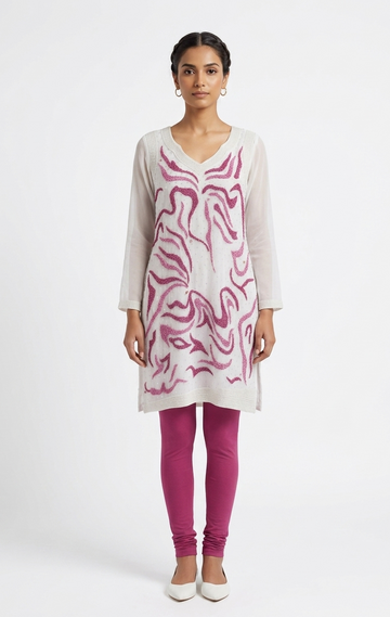 White Chiffon Tunic with Magenta Abstract Embroidery