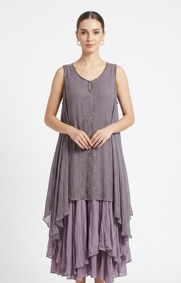 Mauve Layered Chiffon Midi Dress with Beaded Tunic Overlay