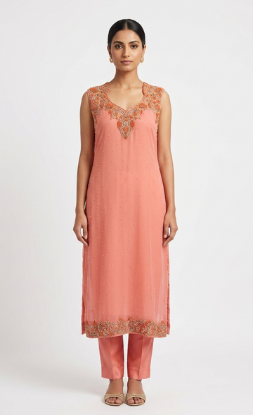 Elegant Peach Embellished Kurta Set