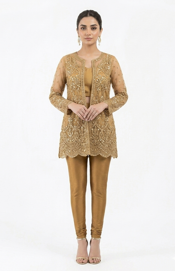 Women's Two-Piece Gold Sheer-Panel Heavily Embroidered Tunic and Leggings Set