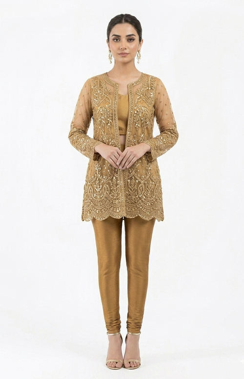 Women's Two-Piece Gold Sheer-Panel Heavily Embroidered Tunic and Leggings Set