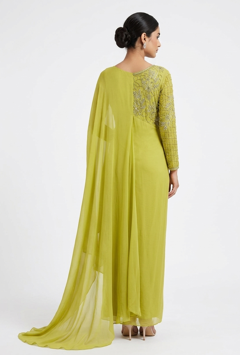 Olive Lime Georgette Asymmetric Anarkali Gown with Intricate Hand-Embroidery