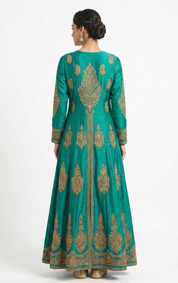 Royal Teal Zari Embroidered Front-Slit Gown