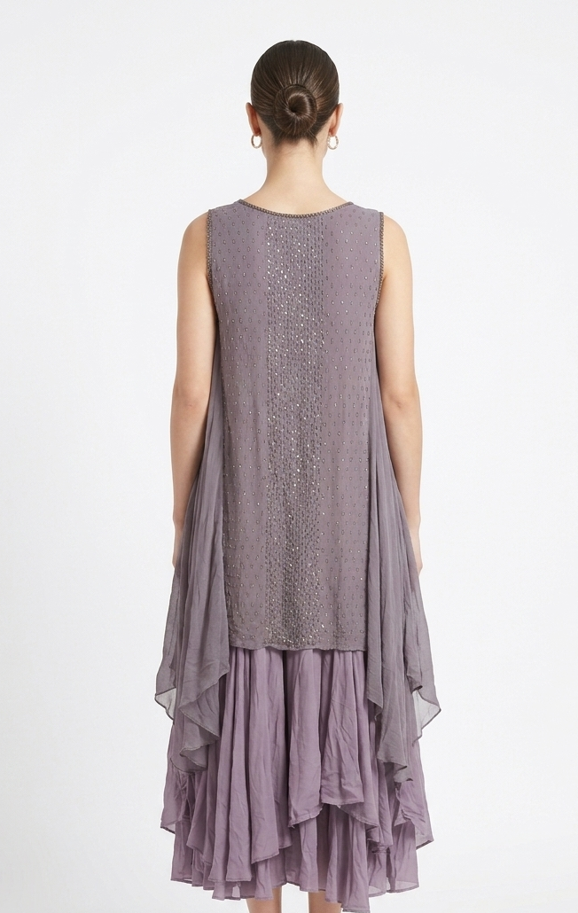 Mauve Layered Chiffon Midi Dress with Beaded Tunic Overlay