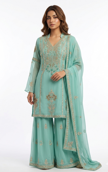 Mint Green Georgette Sharara Set with Intricate Floral Bodice and Embroidered Borders