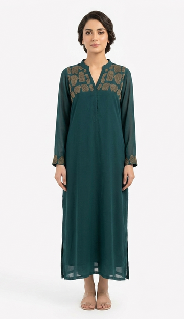 Elegant Teal Chiffon Kurta with Sheer Sleeves