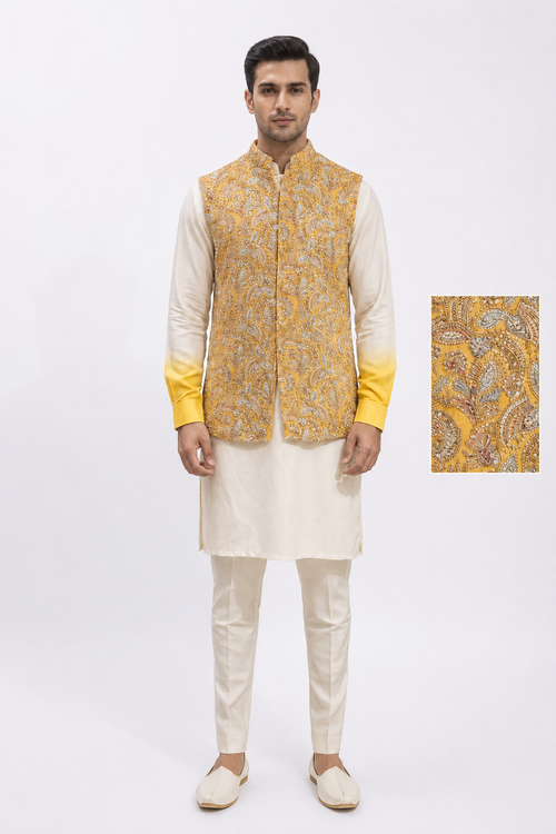 Men's Embroidered Ombré Kurta Set with Sadri Jacket