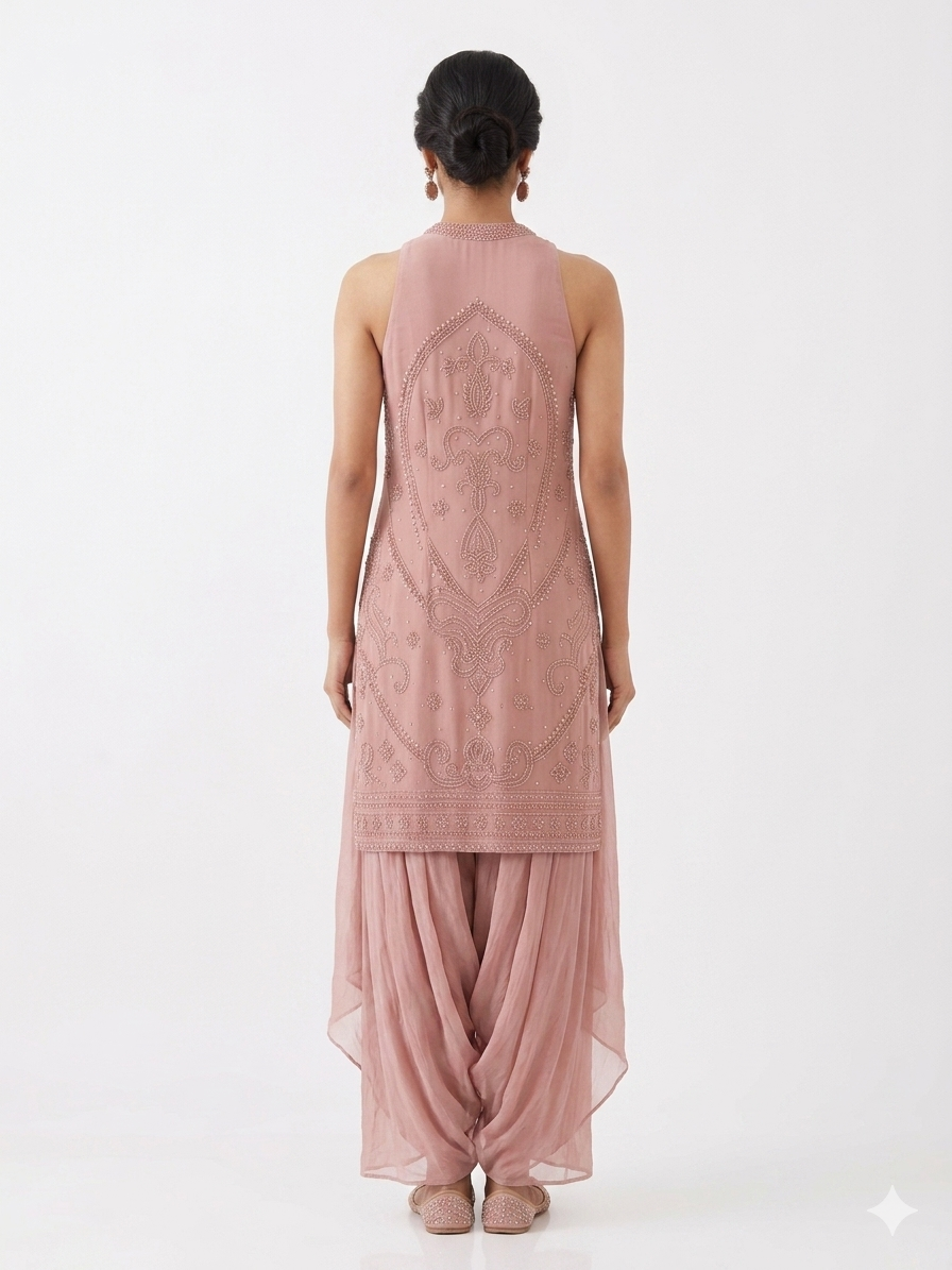Blush Pink Embellished High-Neck Tunic & Draped Dhoti Set