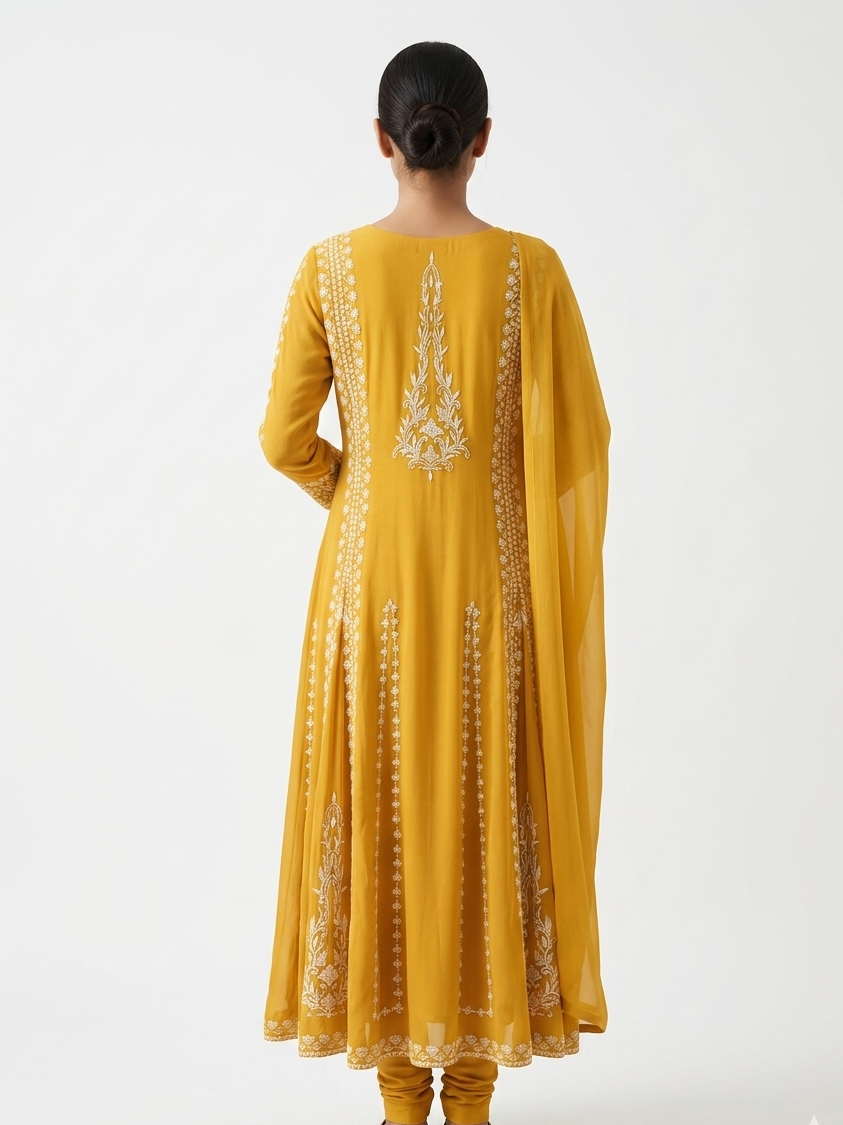 Mustard Yellow Embroidered Front-Slit Anarkali Kurta with Churidar