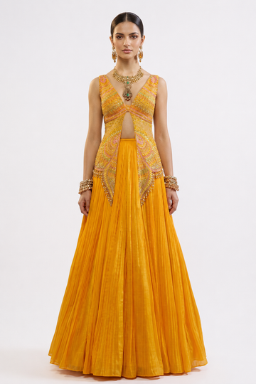 Marigold Yellow Cut-Out Lehenga Set with Scalloped Bodice