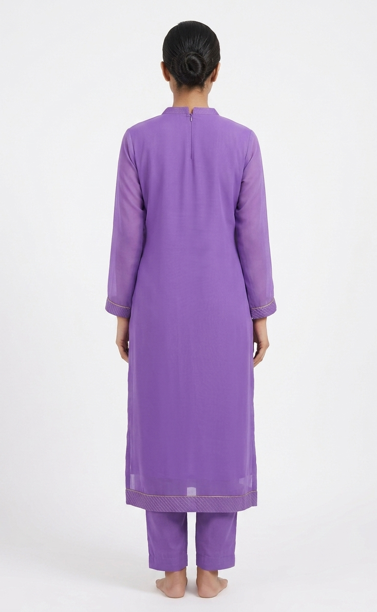 Elegant Violet Georgette Straight Kurta Set with Intricate Paisley Neckline Embroidery
