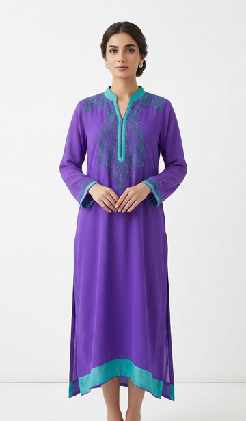 Violet Long Kurta with High Neck and Contrast Teal Accent