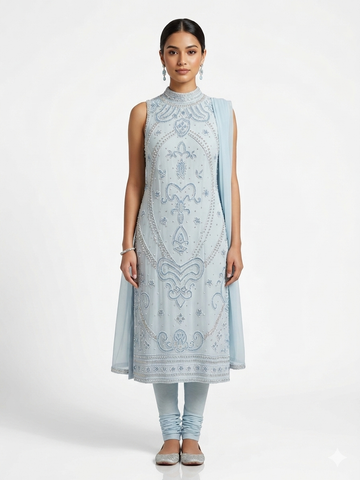 Powder Blue Embellished High-Neck Kurta & Churidar Set