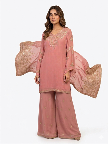 Rose Pink Georgette Kurta Set with Delicately Embroidered Gharara and Dupatta