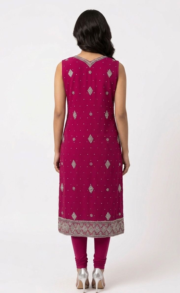 Deep Fuchsia Sleeveless Kurta Set with Intricate Silver Embellishments