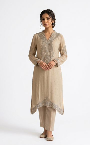 Graceful Beige Pearl & Silver-Embellished Asymmetrical Kurta Set