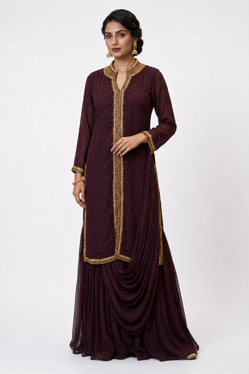 Zardozi-Embellished Plum Georgette Sharara Set