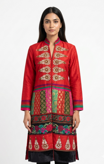 Red Silk Sherwani-Style Tunic with Intricate Patchwork and Embroidery