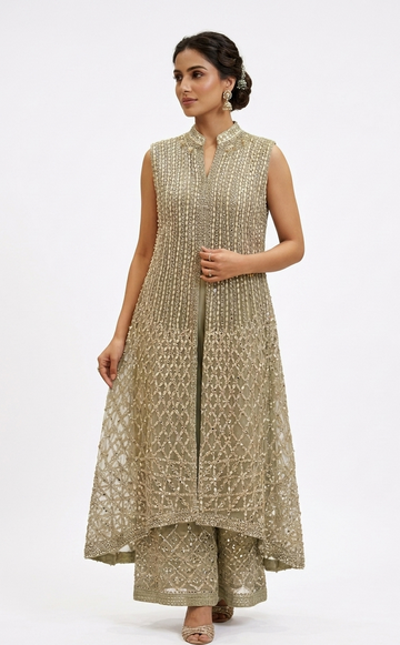 Ethereal Sage Embellished High-Low Tunic Set