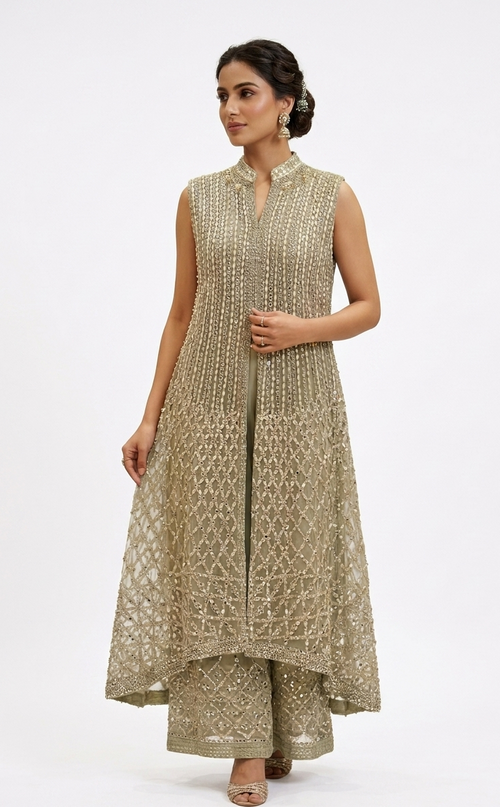 Ethereal Sage Embellished High-Low Tunic Set