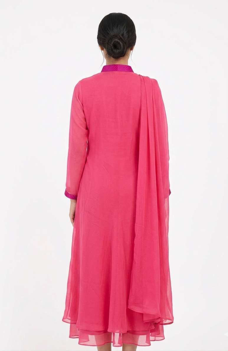 Fuchsia Pink Georgette Anarkali Kurta with Embroidered Neckline