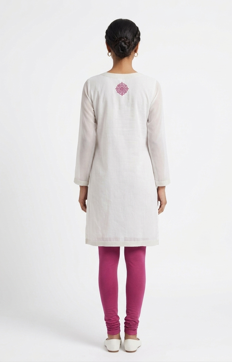 White Chiffon Tunic with Magenta Abstract Embroidery