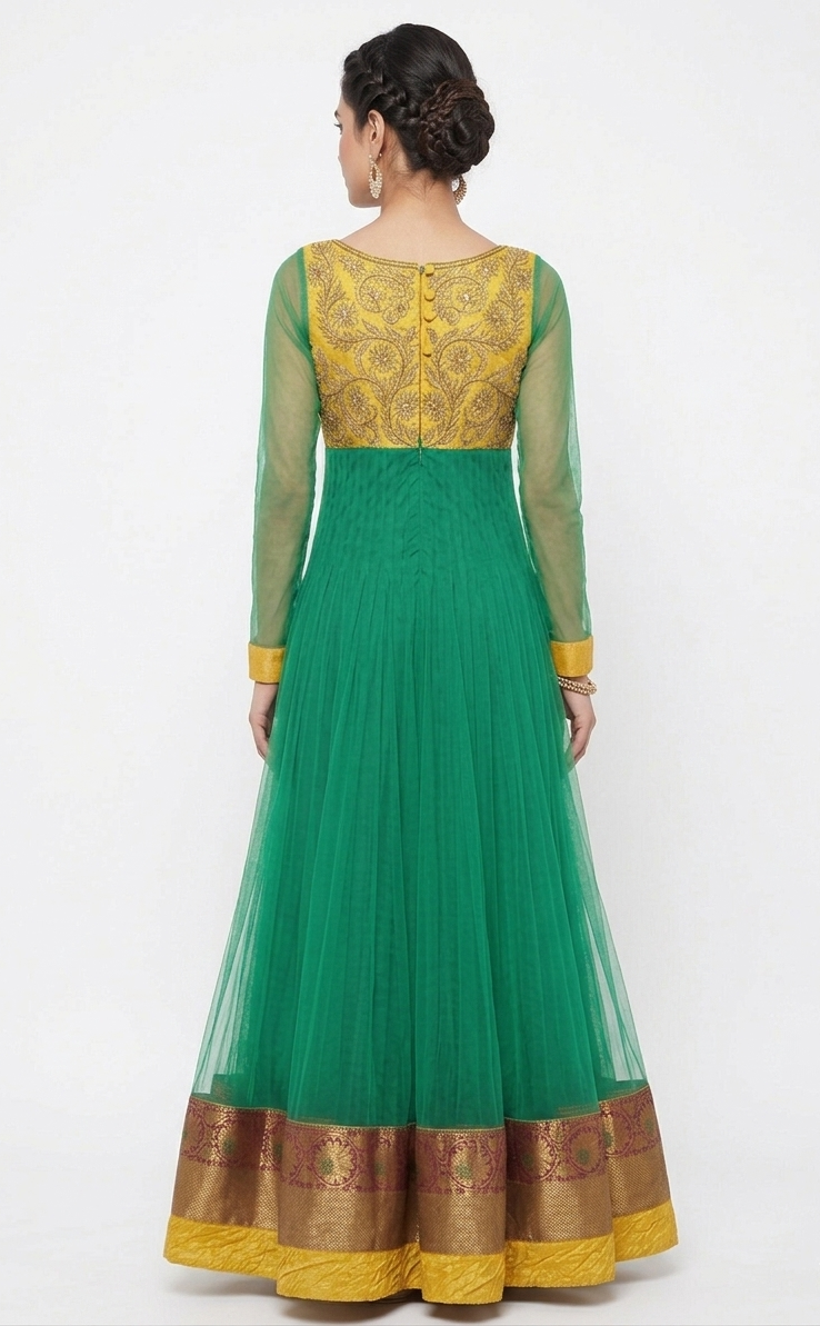 Emerald Green & Mustard Yellow Embroidered Anarkali Gown with Zari Border