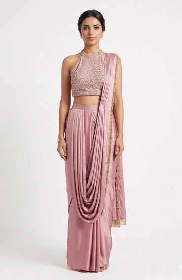 Dusty Rose Concept Saree featuring Architectural Cowls and Gold Bead Fringe