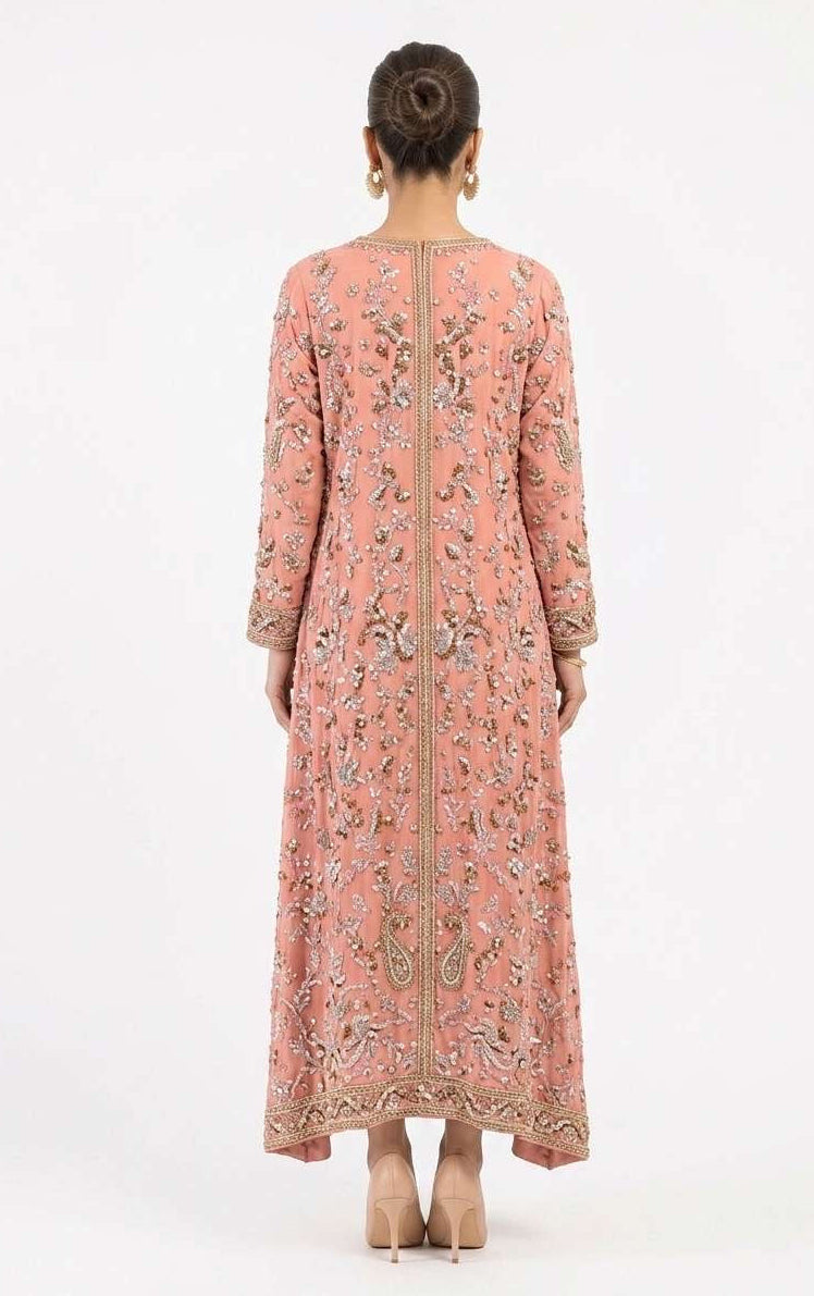 Coral Peach Georgette Front-Slit Gown with Metallic Zardozi