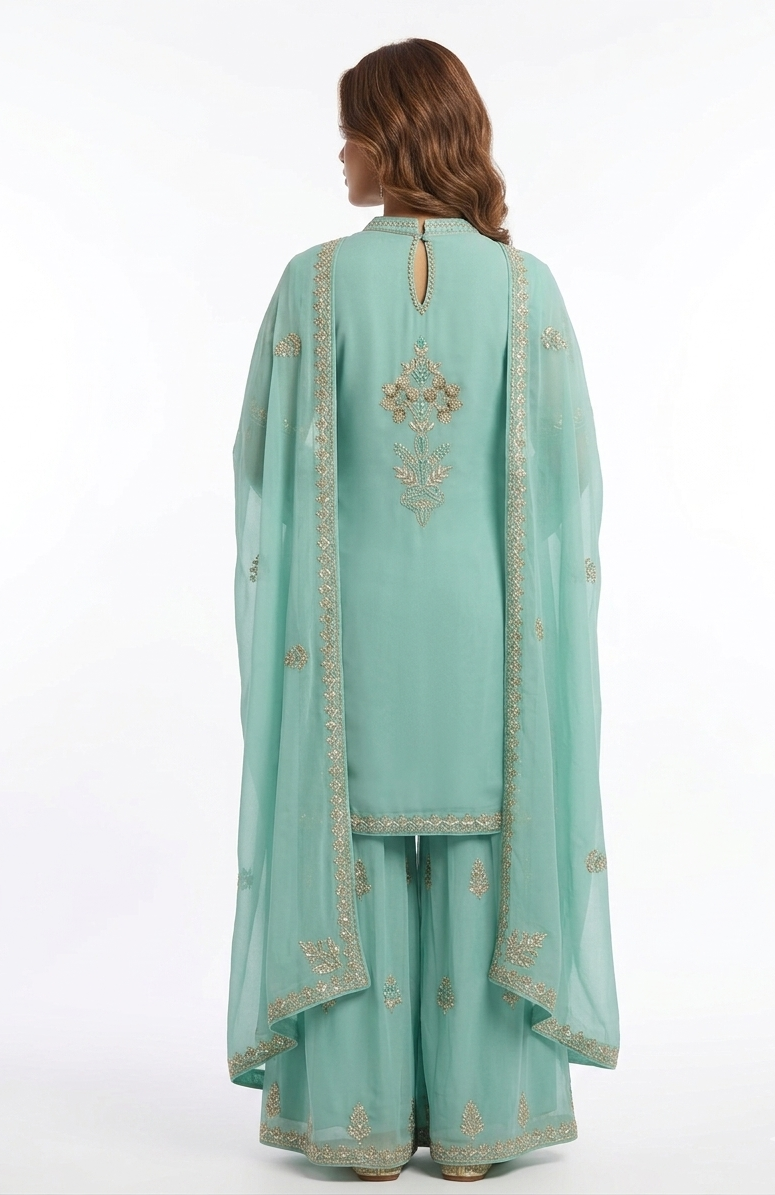 Mint Green Georgette Sharara Set with Intricate Floral Bodice and Embroidered Borders