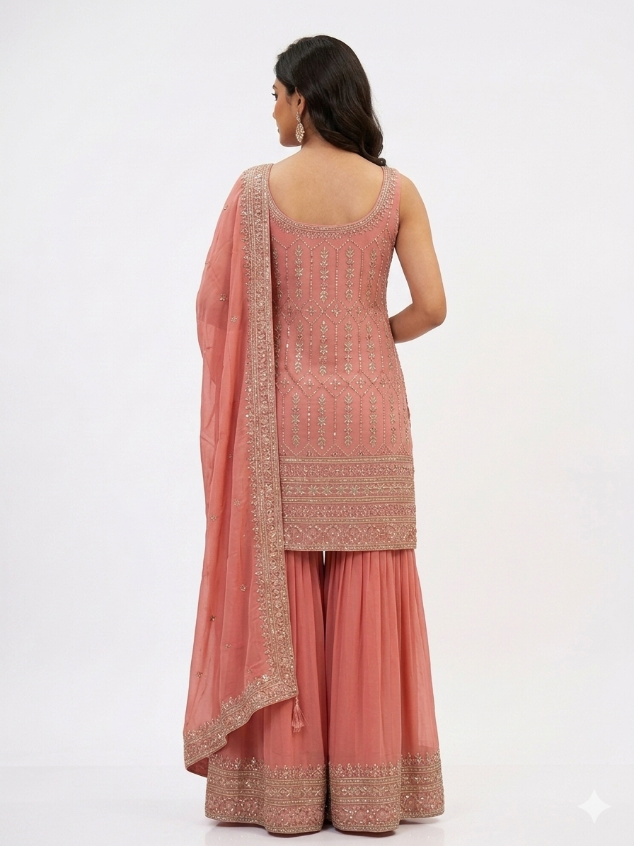 Peach Embroidered Georgette Sharara Suit Set