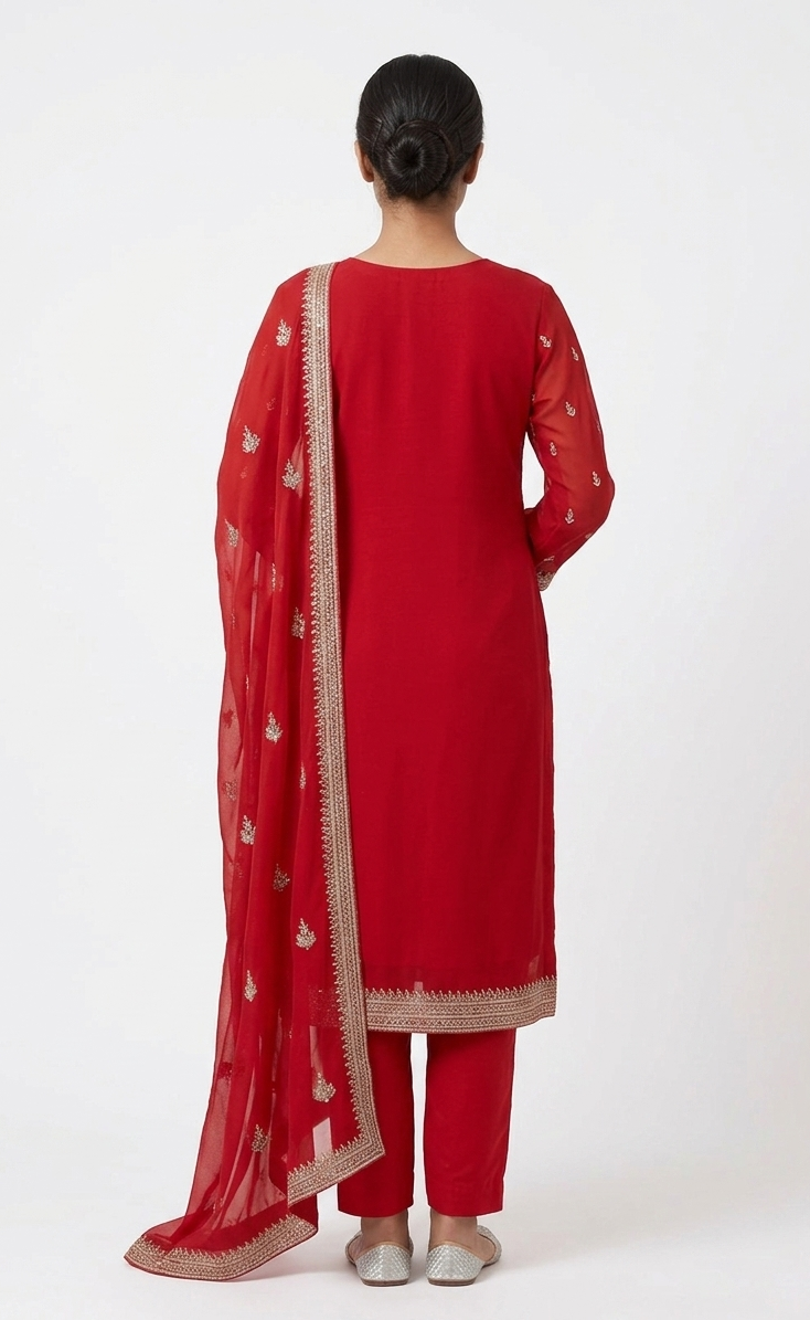 Crimson Red Georgette Embroidered Kurta Set with Matching Zari-Border Dupatta