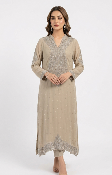 Vintage Beige Heavily Embellished Chiffon Kurta