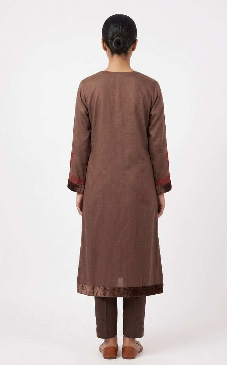 Earth-Toned Mocha Straight Kurta Set with Crimson Kashmiri Paisley Embroidery and Velvet Trim