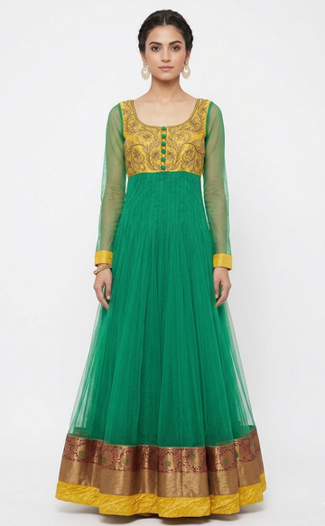 Emerald Green & Mustard Yellow Embroidered Anarkali Gown with Zari Border